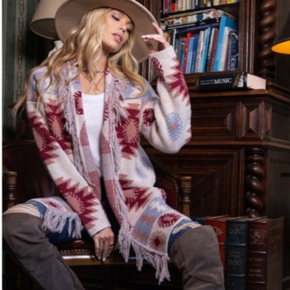 SOLD OUT Berry Aztec Western Tribal Pattern Open Front Fringe Cardigan Sweater - Picture 3 of 8